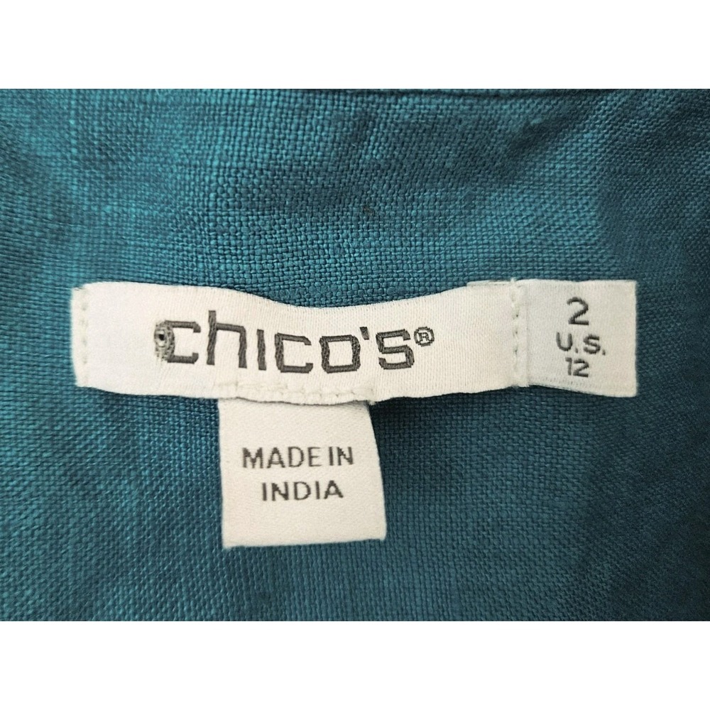 Chico's Teal Beaded Linen Tiered Dress 2 Womens US 12 Midi Ruffle Short Sleeves - Picture 7 of 8